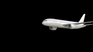 The flight of a passenger plane on a black background