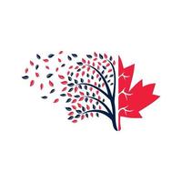 diseño de logotipo de árbol soplado y hojas de arce. signo comercial de canadá. vector