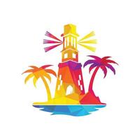 diseño de plantilla de vector de viaje de faro. diseño del logotipo vintage del océano de palmeras.