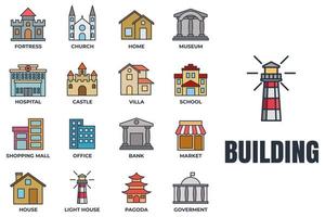Set of Building icon logo vector illustration. bank, shopping mall, castle, fortress, hospital, house and more pack symbol template for graphic and web design collection
