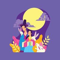 Korean Couple with The Bunnies in Chuseok Day vector