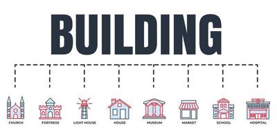 Building banner web icon set. school, lighthouse, church, museum, market, fortress, hospital, house vector illustration concept.