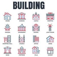 Set of Building icon logo vector illustration. bank, shopping mall, castle, fortress, hospital, house and more pack symbol template for graphic and web design collection