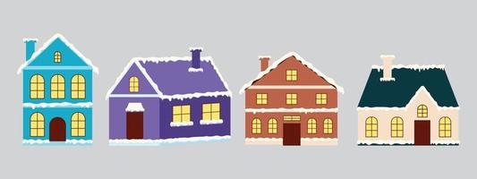 Building with snowman and fir tree at yard, construction facade with lanterns for xmas. Set of isolated decorated buildings for winter, new year, and christmas. vector