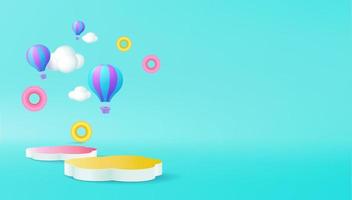 3d rendering scene in air hot balloon with display podium for mock up vector