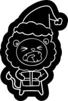 icono de dibujos animados de un león con regalo de navidad con sombrero de santa vector