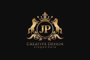 initial JP Retro golden crest with circle and two horses, badge template with scrolls and royal crown - perfect for luxurious branding projects vector