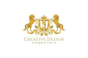 initial LD Retro golden crest with shield and two horses, badge template with scrolls and royal crown - perfect for luxurious branding projects vector