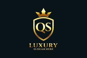 initial QS elegant luxury monogram logo or badge template with scrolls and royal crown - perfect for luxurious branding projects vector