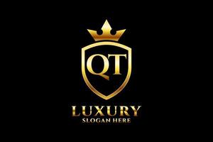 initial QT elegant luxury monogram logo or badge template with scrolls and royal crown - perfect for luxurious branding projects vector