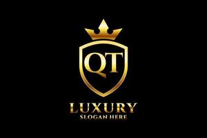 initial QT elegant luxury monogram logo or badge template with scrolls and royal crown - perfect for luxurious branding projects vector