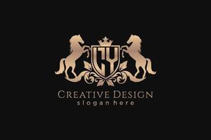 initial LY Retro golden crest with shield and two horses, badge template with scrolls and royal crown - perfect for luxurious branding projects vector