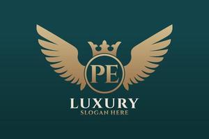 Luxury royal wing Letter PE crest Gold color Logo vector, Victory logo, crest logo, wing logo, vector logo template.