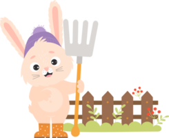 Rabbit farmer with pitchfork near wooden fence png
