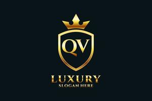 initial QV elegant luxury monogram logo or badge template with scrolls and royal crown - perfect for luxurious branding projects vector