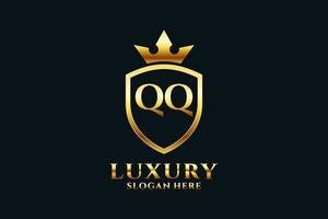 initial QQ elegant luxury monogram logo or badge template with scrolls and royal crown - perfect for luxurious branding projects vector