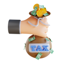 3D illustration hand holding money bag and tax png