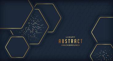 Abstract dark hexagon shape with golden glowing frame and shimmering glitters. Vector illustration.