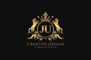 initial JU Retro golden crest with circle and two horses, badge template with scrolls and royal crown - perfect for luxurious branding projects vector