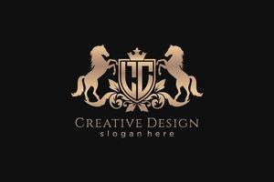 initial LC Retro golden crest with shield and two horses, badge template with scrolls and royal crown - perfect for luxurious branding projects vector