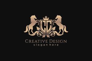 initial LC Retro golden crest with shield and two horses, badge template with scrolls and royal crown - perfect for luxurious branding projects vector