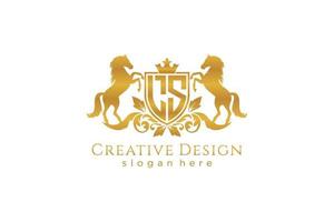 initial LS Retro golden crest with shield and two horses, badge template with scrolls and royal crown - perfect for luxurious branding projects vector