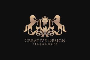 initial LI Retro golden crest with shield and two horses, badge template with scrolls and royal crown - perfect for luxurious branding projects vector