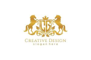 initial LG Retro golden crest with shield and two horses, badge template with scrolls and royal crown - perfect for luxurious branding projects vector