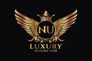 Luxury royal wing Letter NU crest Gold color Logo vector, Victory logo, crest logo, wing logo, vector logo template.