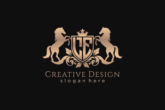 initial LE Retro golden crest with shield and two horses, badge template with scrolls and royal crown - perfect for luxurious branding projects vector