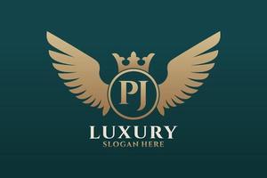 Luxury royal wing Letter PJ crest Gold color Logo vector, Victory logo, crest logo, wing logo, vector logo template.