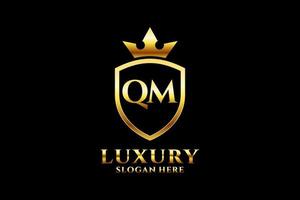 initial QM elegant luxury monogram logo or badge template with scrolls and royal crown - perfect for luxurious branding projects vector