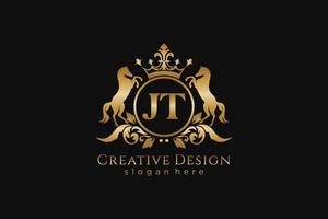 initial JT Retro golden crest with circle and two horses, badge template with scrolls and royal crown - perfect for luxurious branding projects vector