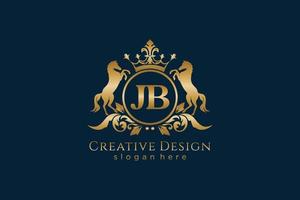 cresta dorada retro jb inicial con círculo y dos caballos, plantilla de insignia con pergaminos y corona real - perfecto para proyectos de marca de lujo vector