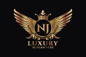 Luxury royal wing Letter NJ crest Gold color Logo vector, Victory logo, crest logo, wing logo, vector logo template.