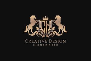 initial LH Retro golden crest with shield and two horses, badge template with scrolls and royal crown - perfect for luxurious branding projects vector