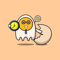 Cute cartoon fried eggs character holding clock vector