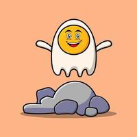 Cute cartoon fried eggs character stand in stone vector