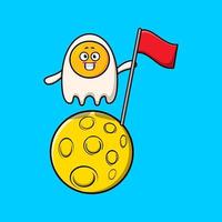 Cute cartoon fried eggs standing on moon with flag vector