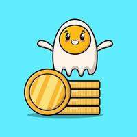 Cute cartoon fried eggs stand in stacked gold coin vector