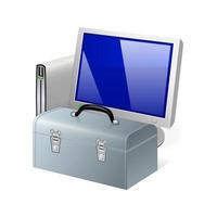 icono de configuración ordenador personal con monitor e icono de caja de herramientas vector