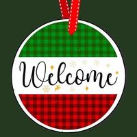 Welcome Round Christmas Sign. Christmas Greeting designs. Door hanger vector quote sayings. Hand drawing vector illustration. Christmas tree Decoration.