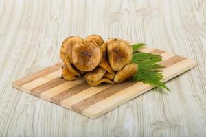 armillaria sobre tablero de madera y fondo de madera foto