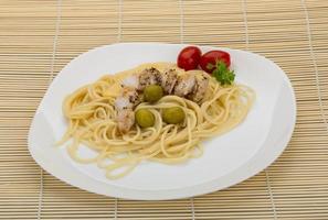 Spaghetti with chicken on the plate and wooden background photo