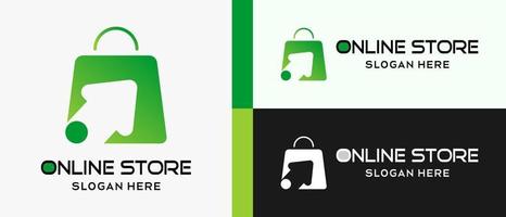 compras en línea o plantilla de diseño de logotipo de tienda en línea con elementos de bolsa de compras e icono de cursor creativo. vector de ilustración de logotipo de tienda en línea premium