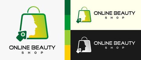 online shopping or online beauty shop logo design template with shopping bag and woman face elements in modern and creative style. premium online beauty shop logo illustration vector