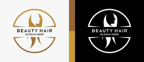 beauty logo design template with woman face and hair in creative retro concept. beauty hair logo illustration, hair care and salon, premium vector