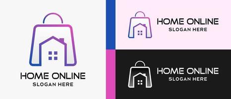 online shopping or online shop logo design template with shopping bag elements and home icon in line art. premium online shop logo illustration vector