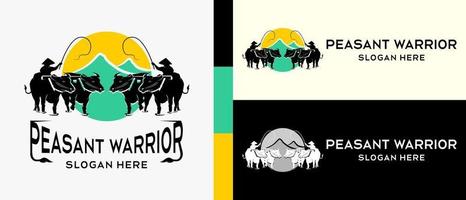 Plow paddy field logo design template in vintage style with the concept of buffalo silhouette elements and people blending with nature. premium logo illustration vector