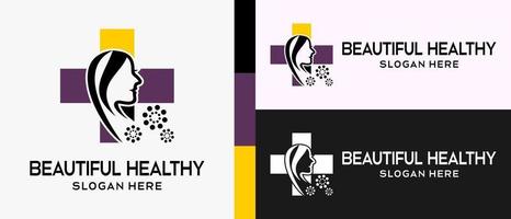 women's logo design template with the concept of a flower icon element and a cross or plus sign. premium logo illustration vector